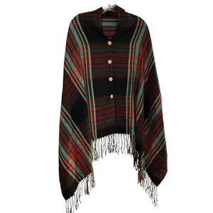 Lightweight Plaid Scarf Wrap One Size Fits All Button Details & Fringe Bottom